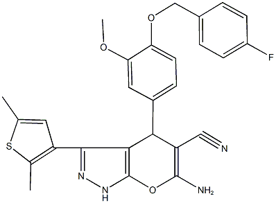 6-amino-3-(2,5-dimethyl-3-thienyl)-4-{4-[(4-fluorobenzyl)oxy]-3-methoxyphenyl}-1,4-dihydropyrano[2,3-c]pyrazole-5-carbonitrile 结构式