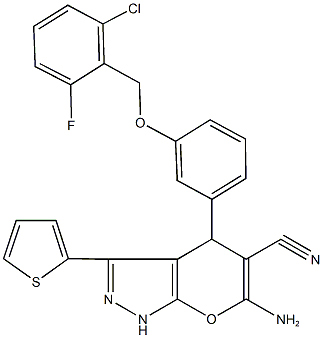 6-amino-4-{3-[(2-chloro-6-fluorobenzyl)oxy]phenyl}-3-(2-thienyl)-1,4-dihydropyrano[2,3-c]pyrazole-5-carbonitrile,664970-19-8,结构式