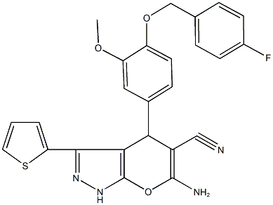 6-amino-4-{4-[(4-fluorobenzyl)oxy]-3-methoxyphenyl}-3-(2-thienyl)-1,4-dihydropyrano[2,3-c]pyrazole-5-carbonitrile,664970-21-2,结构式