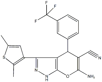 6-amino-3-(2,5-dimethyl-3-thienyl)-4-[3-(trifluoromethyl)phenyl]-1,4-dihydropyrano[2,3-c]pyrazole-5-carbonitrile Struktur