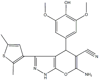 6-amino-3-(2,5-dimethyl-3-thienyl)-4-(4-hydroxy-3,5-dimethoxyphenyl)-1,4-dihydropyrano[2,3-c]pyrazole-5-carbonitrile 结构式