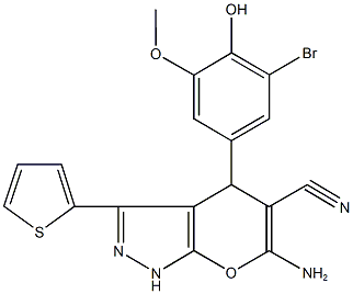 6-amino-4-(3-bromo-4-hydroxy-5-methoxyphenyl)-3-(2-thienyl)-1,4-dihydropyrano[2,3-c]pyrazole-5-carbonitrile|