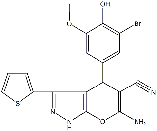 664970-37-0 6-amino-4-(3-bromo-4-hydroxy-5-methoxyphenyl)-3-(2-thienyl)-1,4-dihydropyrano[2,3-c]pyrazole-5-carbonitrile