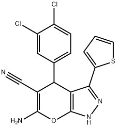 6-amino-4-(3,4-dichlorophenyl)-3-(2-thienyl)-1,4-dihydropyrano[2,3-c]pyrazole-5-carbonitrile Structure