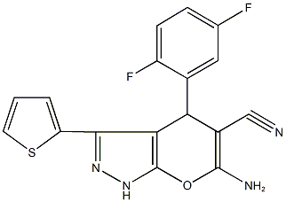 6-amino-4-(2,5-difluorophenyl)-3-(2-thienyl)-1,4-dihydropyrano[2,3-c]pyrazole-5-carbonitrile 结构式