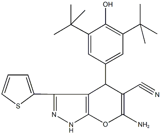 6-amino-4-(3,5-ditert-butyl-4-hydroxyphenyl)-3-(2-thienyl)-1,4-dihydropyrano[2,3-c]pyrazole-5-carbonitrile Structure