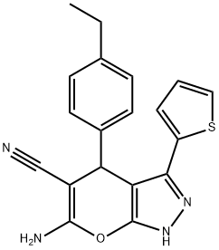 6-amino-4-(4-ethylphenyl)-3-(2-thienyl)-1,4-dihydropyrano[2,3-c]pyrazole-5-carbonitrile Structure