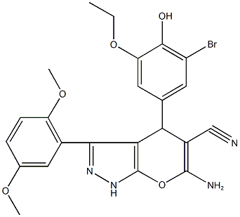 6-amino-4-(3-bromo-5-ethoxy-4-hydroxyphenyl)-3-(2,5-dimethoxyphenyl)-1,4-dihydropyrano[2,3-c]pyrazole-5-carbonitrile Structure