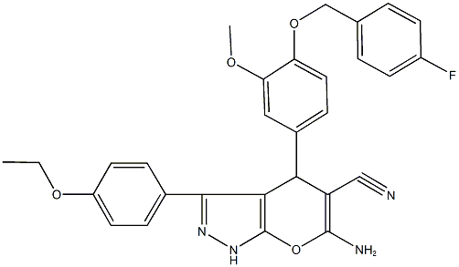 6-amino-3-(4-ethoxyphenyl)-4-{4-[(4-fluorobenzyl)oxy]-3-methoxyphenyl}-1,4-dihydropyrano[2,3-c]pyrazole-5-carbonitrile,664970-64-3,结构式