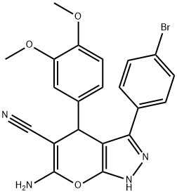 6-amino-3-(4-bromophenyl)-4-(3,4-dimethoxyphenyl)-1,4-dihydropyrano[2,3-c]pyrazole-5-carbonitrile,664970-65-4,结构式