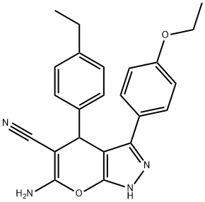 6-amino-3-(4-ethoxyphenyl)-4-(4-ethylphenyl)-1,4-dihydropyrano[2,3-c]pyrazole-5-carbonitrile,664970-71-2,结构式