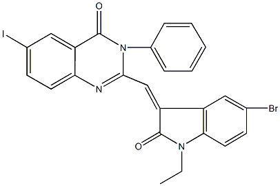 2-[(5-bromo-1-ethyl-2-oxo-1,2-dihydro-3H-indol-3-ylidene)methyl]-6-iodo-3-phenyl-4(3H)-quinazolinone Structure