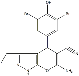 6-amino-4-(3,5-dibromo-4-hydroxyphenyl)-3-ethyl-1,4-dihydropyrano[2,3-c]pyrazole-5-carbonitrile,664971-70-4,结构式