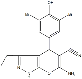 6-amino-4-(3,5-dibromo-4-hydroxyphenyl)-3-ethyl-1,4-dihydropyrano[2,3-c]pyrazole-5-carbonitrile Structure