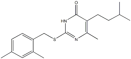 2-[(2,4-dimethylbenzyl)sulfanyl]-5-isopentyl-6-methyl-4(3H)-pyrimidinone Struktur