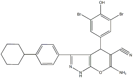 6-amino-3-(4-cyclohexylphenyl)-4-(3,5-dibromo-4-hydroxyphenyl)-1,4-dihydropyrano[2,3-c]pyrazole-5-carbonitrile,664972-00-3,结构式