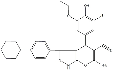 6-amino-4-(3-bromo-5-ethoxy-4-hydroxyphenyl)-3-(4-cyclohexylphenyl)-1,4-dihydropyrano[2,3-c]pyrazole-5-carbonitrile Structure