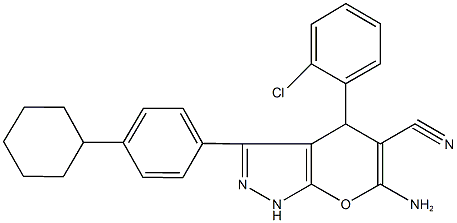 6-amino-4-(2-chlorophenyl)-3-(4-cyclohexylphenyl)-1,4-dihydropyrano[2,3-c]pyrazole-5-carbonitrile,664972-03-6,结构式