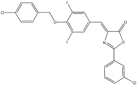 4-{4-[(4-chlorobenzyl)oxy]-3,5-diiodobenzylidene}-2-(3-chlorophenyl)-1,3-oxazol-5(4H)-one,664977-47-3,结构式