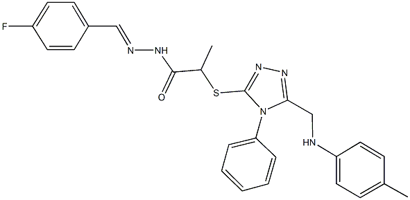 N'-(4-fluorobenzylidene)-2-{[4-phenyl-5-(4-toluidinomethyl)-4H-1,2,4-triazol-3-yl]sulfanyl}propanohydrazide Struktur