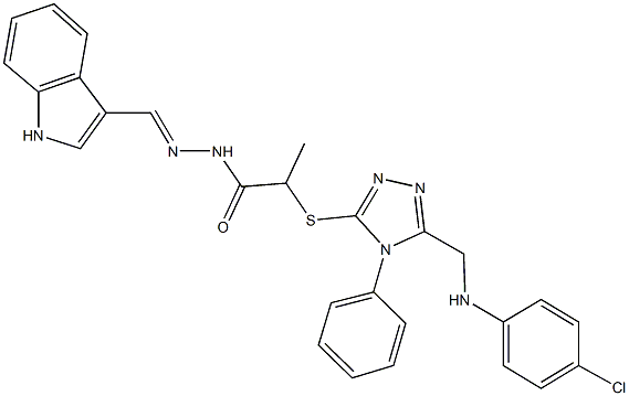 2-({5-[(4-chloroanilino)methyl]-4-phenyl-4H-1,2,4-triazol-3-yl}sulfanyl)-N'-(1H-indol-3-ylmethylene)propanohydrazide 化学構造式