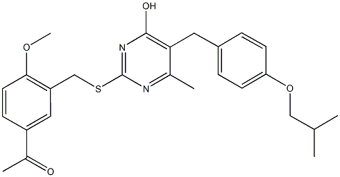 1-[3-({[4-hydroxy-5-(4-isobutoxybenzyl)-6-methyl-2-pyrimidinyl]sulfanyl}methyl)-4-methoxyphenyl]ethanone 化学構造式