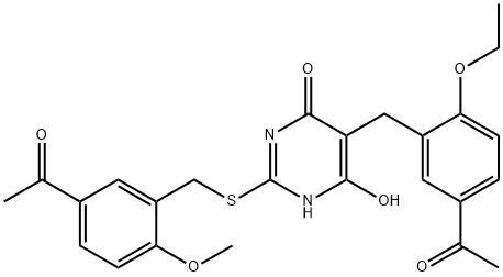 1-[3-({[5-(5-acetyl-2-ethoxybenzyl)-4,6-dihydroxy-2-pyrimidinyl]sulfanyl}methyl)-4-methoxyphenyl]ethanone Struktur
