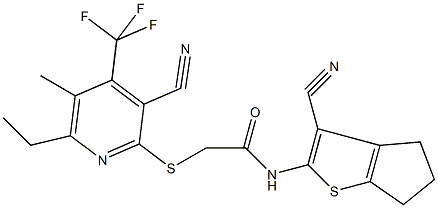 N-(3-cyano-5,6-dihydro-4H-cyclopenta[b]thien-2-yl)-2-{[3-cyano-6-ethyl-5-methyl-4-(trifluoromethyl)pyridin-2-yl]sulfanyl}acetamide Struktur