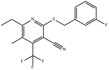 6-ethyl-2-[(3-fluorobenzyl)sulfanyl]-5-methyl-4-(trifluoromethyl)nicotinonitrile 结构式