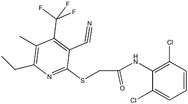 2-{[3-cyano-6-ethyl-5-methyl-4-(trifluoromethyl)pyridin-2-yl]sulfanyl}-N-(2,6-dichlorophenyl)acetamide 结构式