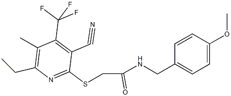 2-{[3-cyano-6-ethyl-5-methyl-4-(trifluoromethyl)pyridin-2-yl]sulfanyl}-N-(4-methoxybenzyl)acetamide Struktur