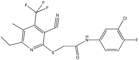 N-(3-chloro-4-fluorophenyl)-2-{[3-cyano-6-ethyl-5-methyl-4-(trifluoromethyl)pyridin-2-yl]sulfanyl}acetamide 化学構造式