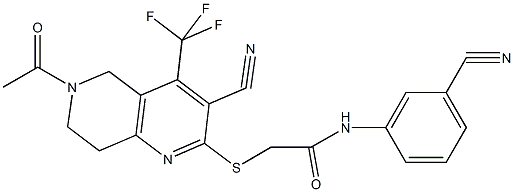 2-{[6-acetyl-3-cyano-4-(trifluoromethyl)-5,6,7,8-tetrahydro[1,6]naphthyridin-2-yl]sulfanyl}-N-(3-cyanophenyl)acetamide 化学構造式