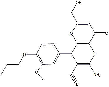 2-amino-6-(hydroxymethyl)-4-(3-methoxy-4-propoxyphenyl)-8-oxo-4,8-dihydropyrano[3,2-b]pyran-3-carbonitrile 化学構造式