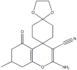 2-amino-7-methyl-5-oxo-5,6,7,8-tetrahydro-4H-chromene-3-carbonitrile-4-spiro-7'-  (1',4'-dioxaspiro[4.5]decane) 结构式