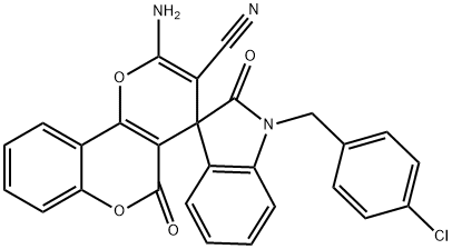 2-amino-1'-(4-chlorobenzyl)-3-cyano-1',3'-dihydro-5-oxospiro(4H,5H-pyrano[3,2-c]chromene-4,3'-[2'H]indole)-2'-one,664999-96-6,结构式