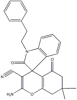 2-amino-3-cyano-7,7-dimethyl-5-oxo-1'-(2-phenylethyl)-1',3',5,6,7,8-hexahydrospiro[4H-chromene-4,3'-(2'H)-indole]-2'-one,664999-97-7,结构式