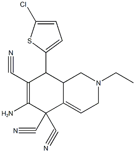 6-amino-8-(5-chloro-2-thienyl)-2-ethyl-2,3,8,8a-tetrahydro-5,5,7(1H)-isoquinolinetricarbonitrile,665000-27-1,结构式