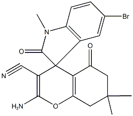 2-amino-5'-bromo-1',7,7-trimethyl-2',5-dioxo-1',3',5,6,7,8-hexahydrospiro[4H-chromene-4,3'-(2'H)-indole]-3-carbonitrile 化学構造式