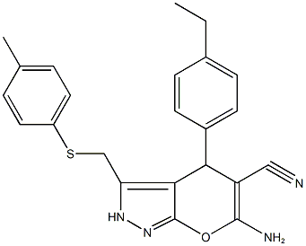 6-amino-4-(4-ethylphenyl)-3-{[(4-methylphenyl)sulfanyl]methyl}-2,4-dihydropyrano[2,3-c]pyrazole-5-carbonitrile 结构式