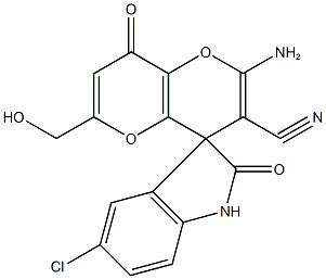 2-amino-6-(hydroxymethyl)-8-oxo-4,8-dihydropyrano[3,2-b]pyran-3-carbonitrile-4-spiro-3'-(5'-chloro-1',3'-dihydro-2'H-indol-2'-one) 结构式