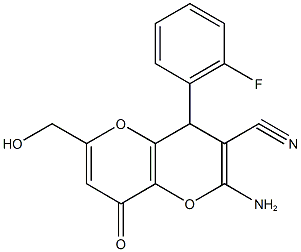 2-amino-4-(2-fluorophenyl)-6-(hydroxymethyl)-8-oxo-4,8-dihydropyrano[3,2-b]pyran-3-carbonitrile 化学構造式
