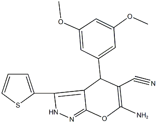 6-amino-4-(3,5-dimethoxyphenyl)-3-(2-thienyl)-2,4-dihydropyrano[2,3-c]pyrazole-5-carbonitrile Structure