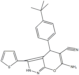 6-amino-4-(4-tert-butylphenyl)-3-(2-thienyl)-2,4-dihydropyrano[2,3-c]pyrazole-5-carbonitrile Structure