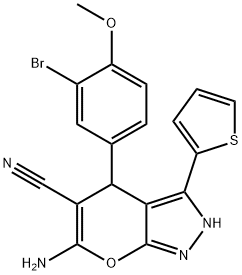 6-amino-4-(3-bromo-4-methoxyphenyl)-3-(2-thienyl)-2,4-dihydropyrano[2,3-c]pyrazole-5-carbonitrile Struktur