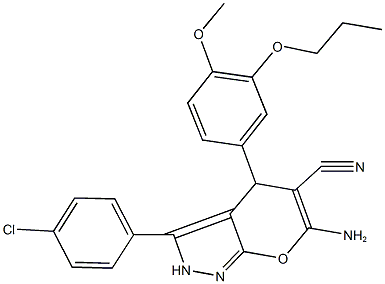 6-amino-3-(4-chlorophenyl)-4-(4-methoxy-3-propoxyphenyl)-2,4-dihydropyrano[2,3-c]pyrazole-5-carbonitrile Structure