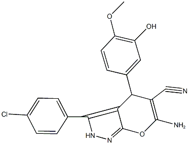 6-amino-3-(4-chlorophenyl)-4-(3-hydroxy-4-methoxyphenyl)-2,4-dihydropyrano[2,3-c]pyrazole-5-carbonitrile 化学構造式