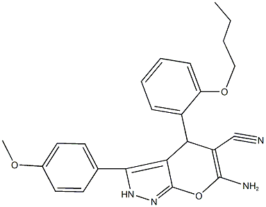 6-amino-4-(2-butoxyphenyl)-3-(4-methoxyphenyl)-2,4-dihydropyrano[2,3-c]pyrazole-5-carbonitrile 化学構造式