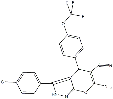 6-amino-3-(4-chlorophenyl)-4-[4-(trifluoromethoxy)phenyl]-2,4-dihydropyrano[2,3-c]pyrazole-5-carbonitrile,665001-12-7,结构式