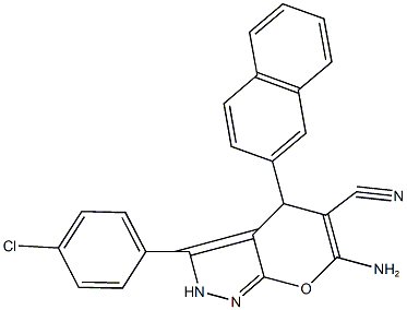6-amino-3-(4-chlorophenyl)-4-(2-naphthyl)-2,4-dihydropyrano[2,3-c]pyrazole-5-carbonitrile 结构式